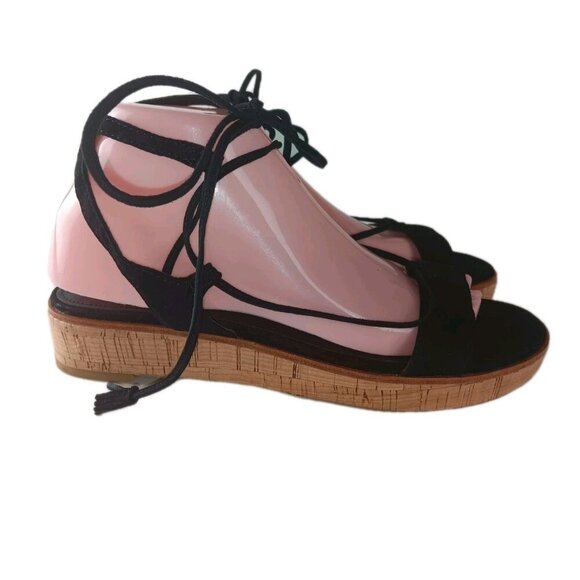 Frye Sandals Women 8M Miranda Shoes Black Leather Gladiator Ankle Strap Wedge - Picture 1 of 11